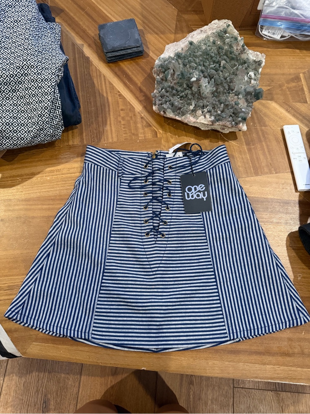 Women's Navy & White Striped Lace-Up A-Line Skirt